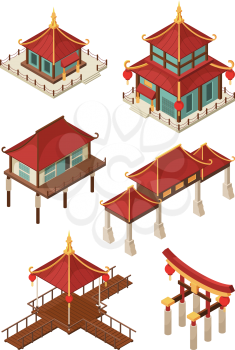Asian architecture isometric. Traditional chinese and japan houses buildings roof vector 3d illustrations. Japan and chinese building, pagoda architecture, house and bridge illustration