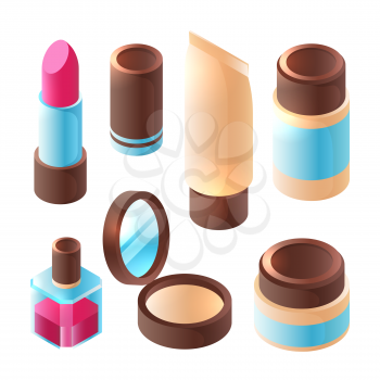 Perfume isometric. Dimension false nails brush eyeshadows makeup colorful mask cream lips palette color vector beauty collection. Beauty makeup isometric, lipstick and cosmetic for face illustration