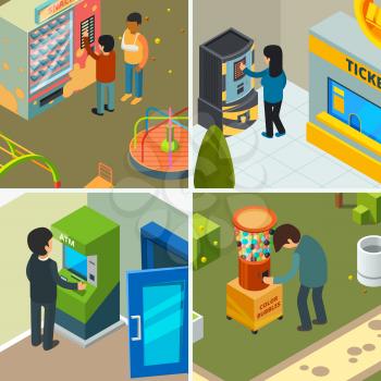 Vending machines. People drinking eating fast food snacks chips ice cream buying in automatic shop vector concept isometric pictures. Vending machine isometric, service food technology illustration