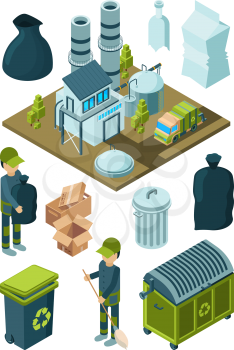 Waste recycle isometric. Refuse garbage facility sort plastic container disposal trash truck vector symbols. Garbage and waste, illustration of trash recycle