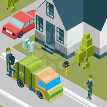 Garbage truck. Cleaning service removing trash from city street waste recycling concept vector isometric background. Illustration of garbage truck, removal rubbish urban transport