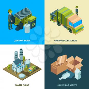 Recycle food concept. Waste removal from city disposal services cleaning truck vector isometric illustrations. Garbage and waste, trash isometric recycle, recycling dumpster