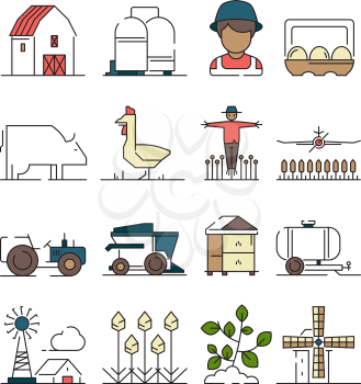 Farm symbols. Agricultural objects wheat field with farm machine combine on plantation vector linear icon. Illustration of agriculture and combine tractor