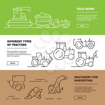 Agriculture banners. Farm machinery harvester tractors agribusiness vehicle vector design template. Machinery farm for agriculture, tractor and combine illustration