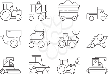 Farm transport. Agricultural heavy machines bulldozer harvester tractor vector linear symbols isolated. Agricultural bulldozer, machine transport tractor for assembly illustration