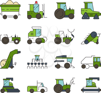 Village transport. Farm machines and technique heavy digger loader bulldozer harvester tractor vector automotive equipment. Illustration of farm bulldozer and digger, industrial equipment