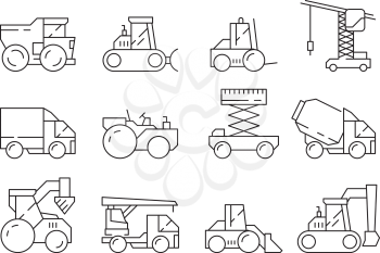 Construction machine. Bulldozer heavy truck crane harvester vehicle for building vector linear icons set. Illustration of construction truck, machine excavator, bulldozer machinery