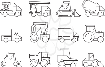 Construction vehicles. Heavy machinery for builders trucks lifting crane bulldozer vector linear symbols isolated. Illustration of machine building, transport earthmover and truck