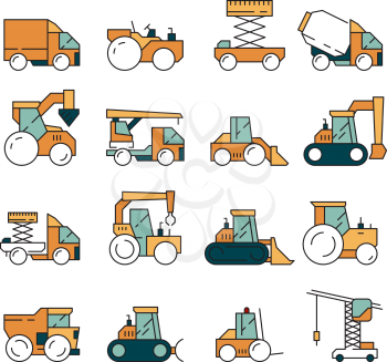 Construction transport. Heavy machinery truck asphalt highway on machines for builders lifting crane bulldozer tractors vector vehicle. Machine for building, automobile earthmover illustration