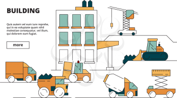 House construction. Heavy building machines linear background illustration concept picture for design project. Illustration of construction building equipment, loading and lifting, digger excavator