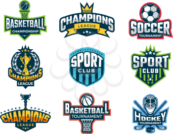 Sport logos. Emblem of college team cup competitions athlete recreation labels and vector badges isolated. Illustration of college sport team, game cup badge or emblem