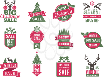 Christmas sale tags badges. Holidays best offers labels with big discounts vector template collection. Illustration of sale discount, winter clearance, new year and christmas