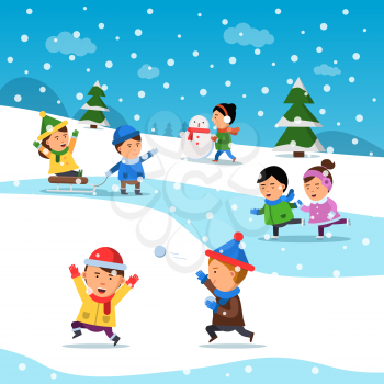 Kids winter playing. Funny smile happiness childrens at cold snowy playground holiday cartoon vector background. Wintertime children playing with snowball illustration