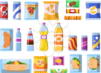 Beverages food. Plastic containers fastfood drinks and snacks candy biscuits chips vector flat illustrations isolated. Candy and beverage, sandwich and drink