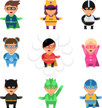 Kids superheroes. Cartoon 2d game characters of heroes in mask cute male and female sup brave comic vector mascots. Illustration of hero brave, cheerful superhero girl and boy