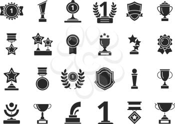 Winners trophies icons. Cups awards medals with ribbons vector black silhouettes isolated. Illustration of cup and prize, victory championship