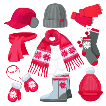 Winter clothes. Hat cap scarf mittens fur christmas fashion clothes isolated on white vector collection. Illustration of warm gloves and socks, boots and scarf