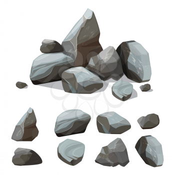 Cartoon mountain stones. Rocky big wall from gravels and boulders vector creation kit with various colored parts of stones. Illustration of rock stone pile, material granite solid, boulder and rocky