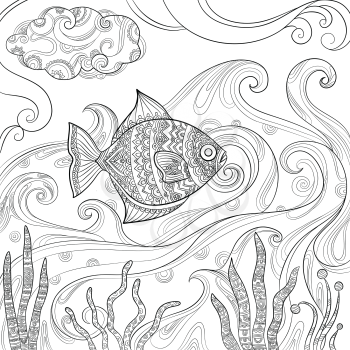 Ocean fish coloring. Fashion pictures of water sea or ocean animals vector drawings for adults books. Fish in sea, book coloring sketch illustration
