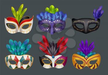 Masquerade masks realistic. Masked fashion party carnival vector realistic illustrations isolated. Colored masquerade mask for carnival, face decoration