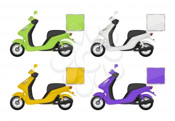 Motorbike colored. Views of delivery service transport scooter top side back and bottom 3d pictures isolated. Vector scooter delivery, motorbike service, motorcycle for pizza illustration