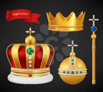 Royal crowns. Luxury premium medieval gold symbols of monarchy scepter antique diadem diamonds and jewels vector realistic pictures. Royal medieval golden crown, monarchy authority symbol illustration