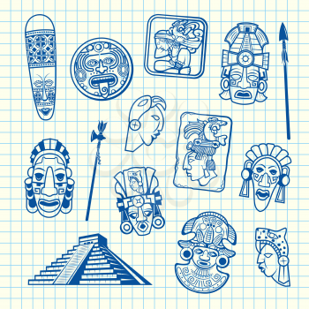 Vector cartoon summer travel elements tiki mask of set isolated on blue cell sheet background illustration