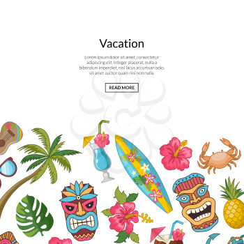 Vector cartoon summer travel elements background illustration. Vacation web banner with color elements