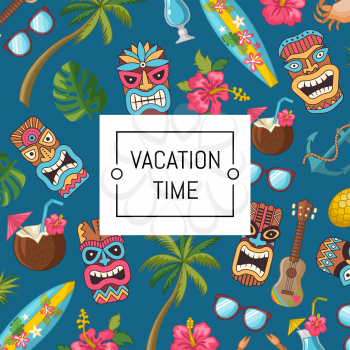 Vector cartoon summer travel elements background illustration. Colored of mask tiki and pineapple, crab and green palm leaf