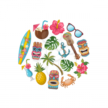 Vector cartoon summer travel elements in circle shape illustration. Hawaii surf and totem mask, guitar and cocktail
