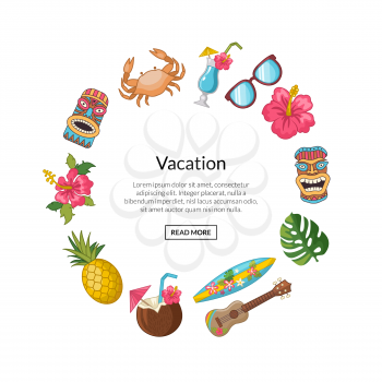 Vector cartoon summer travel elements in circle shape with place for text illustration isolated on white background
