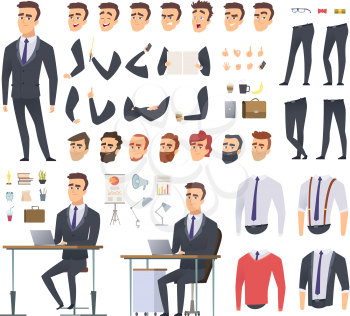 Manager creation kit. Businessman office person arms hands clothes and items vector male character animation project. Illustration of business man creation, body and emotion construction