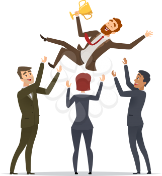 Business victory. Happy team congrats his mentor leader director team building happy winner with trophy cup vector characters. Illustration of congratulation businessman