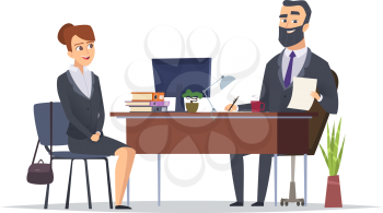 Job interview. Business office meeting hr managers directors chief vector concept characters. Illustration of job interview meeting office, hr manager