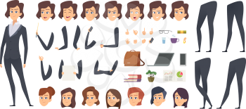 Business woman animation. Creation kit female manager body parts and office tools vector character constructor. Businesswoman and lady business face and pose illustration