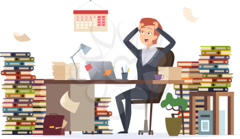 Overworked businesswoman. Asleep depressed tired hard work female manager sitting office desk in big pile of documents vector character. Business woman in office, professional workplace illustration