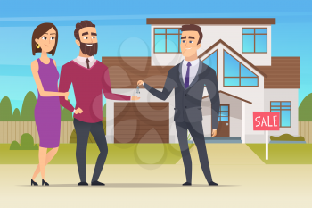 Real estate concept. Family couple buying new house or big appartment sales manager hands over the keys vector characters. Family mortgage, buy property, selling building illustration