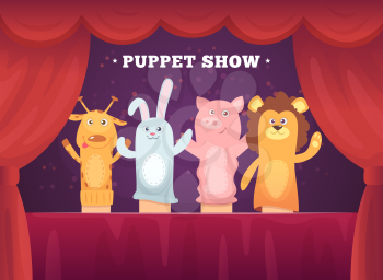 Puppet show. Red curtains theatre performance for kids stage with socks toys for hands cartoon background. Illustration of show puppet, toy doll entertainment