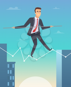 Businessman balancing. Concept picture of happy worker manager going to success personal challenges vector cartoon illustration. Businessman balance tightrope, walk to achievement
