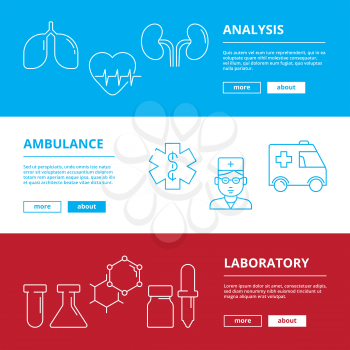Medical web banners. Healthcare illustrations doctor hospital medicaments vector symbols isolated. Illustration of laboratory and ambulance, medical and health web banner