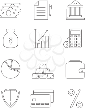 Finance icons. Business and bank economy payment money global finances law vector line thin symbols. Finance money line design, saving investment illustration