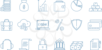 Business finance icons. Banking law global economy financial bank vector line symbols isolated. Finance and money thin line design, investment and saving funding illustration