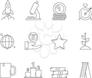 Startup business icon. Creative exploring marketing development strategy and new ideas vector outline web symbols. Startup development icons, business start, finance investment illustration