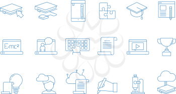 Online education icons. Training study courses college special school with web computer distance tutorials vector linear symbols. Distance training education, icon linear learn illustration