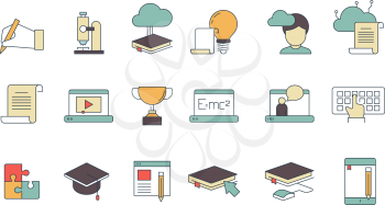 Education online symbols. Special learning courses school university with distance work online tutorials vector thin line colored icons. Illustration of education school and university online