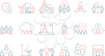 Simple business team icon. Social communication meeting group or person work discussion presentation thin line colored symbols. Discussion and communication, businessman group work illustration