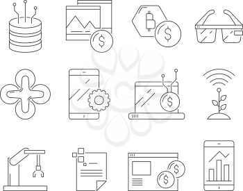 Business and technology icons. Software program sync internet network construction thin line symbols isolated. Futuristic technology, cryptocurrency and automation robotic. Vector illustration