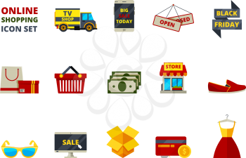 Web store icon. Online shop payment e commerce retail fashion products big sales smartphone cards and money vector flat symbols. Web retail online, market purchase, payment e-commerce illustration