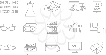 E-store icons. Web online shopping retail products electronic market smartphone pc sales discount cards money clothes vector thine line. Illustration of shopping icon, discount and purchase