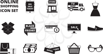 Online store icon. Web shopping online pay cards money and discount cards retail markete-commerce products vector black symbols. Illustration of store and retail, e-commerce monochrome silhouette